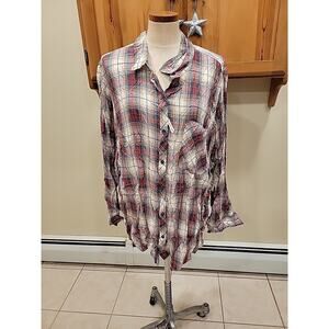NWT Terra Sky red Brown plaid button down long sleeve shirt